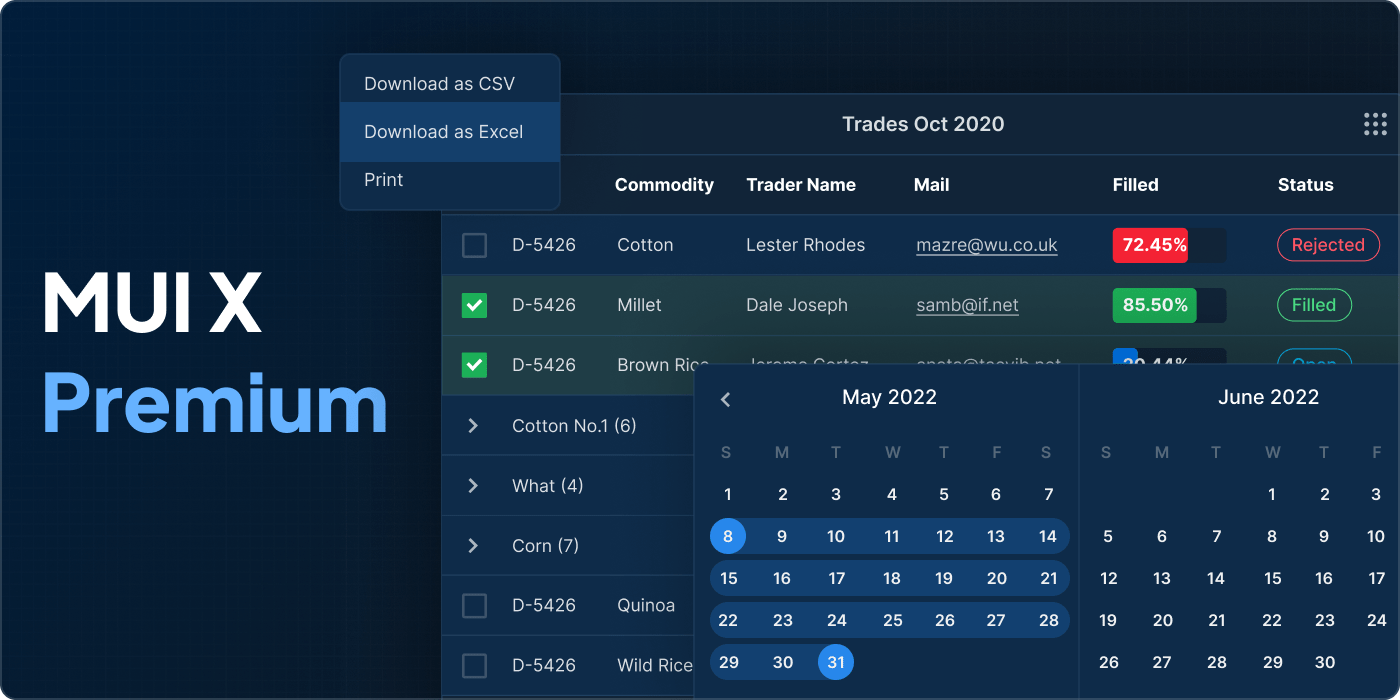 Promotional image of MUI X Premium plan release showcasing Data Grid's new features (such as Download data as an Excel file) and Date Range Picker